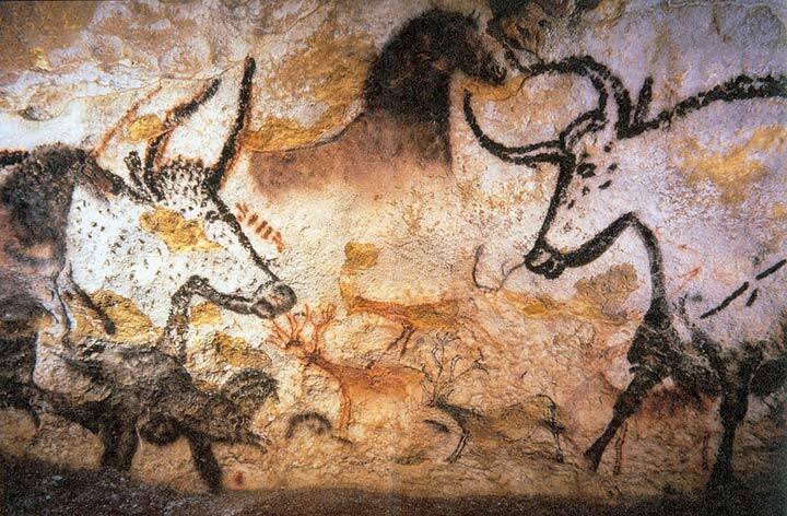Prehistoric cave paintings at Lascaux, France, showing aurochs, horses and deer