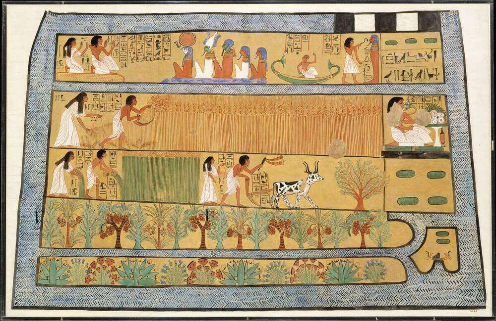 Ancient Egyptian tomb painting showing Sennedjem and his wife Iineferti farming the Fields of Iaru