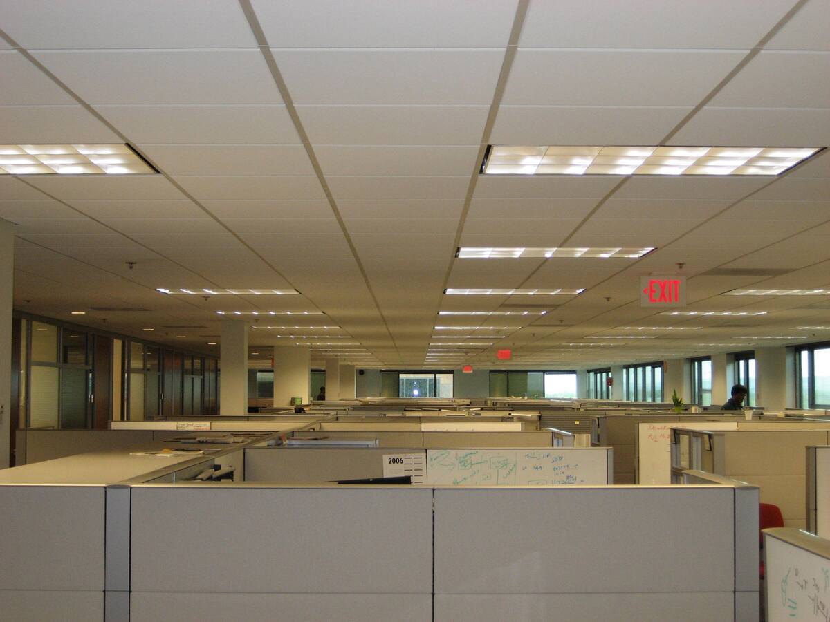 Rows of identical office cubicles stretching into the distance