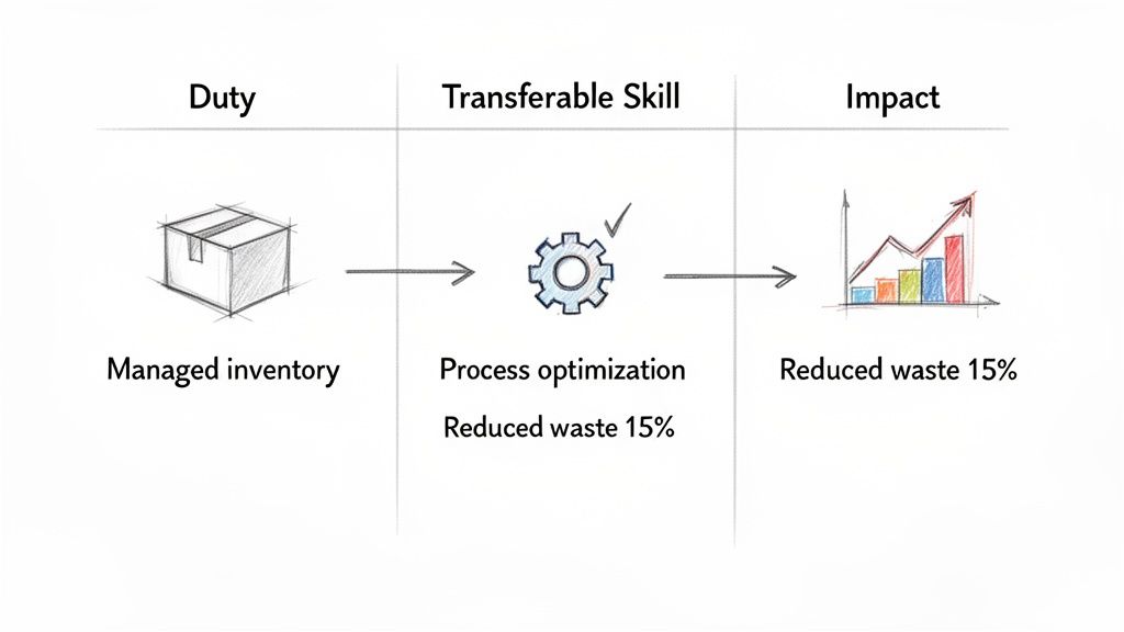 Diagram showing how managing inventory as a duty leads to process optimisation skills and a measurable waste reduction impact.