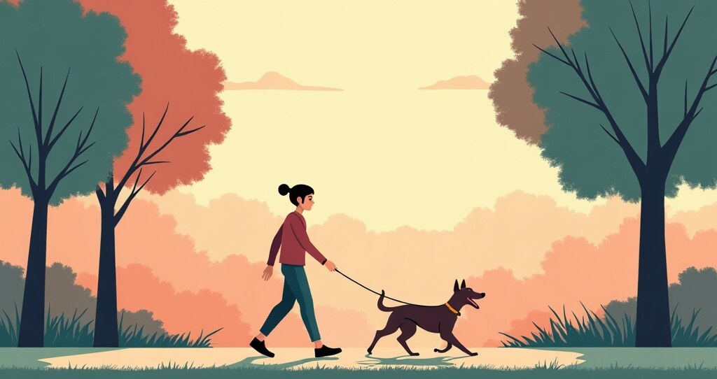 A person walking their dog in the park at golden hour, unplugged and unwinding after work