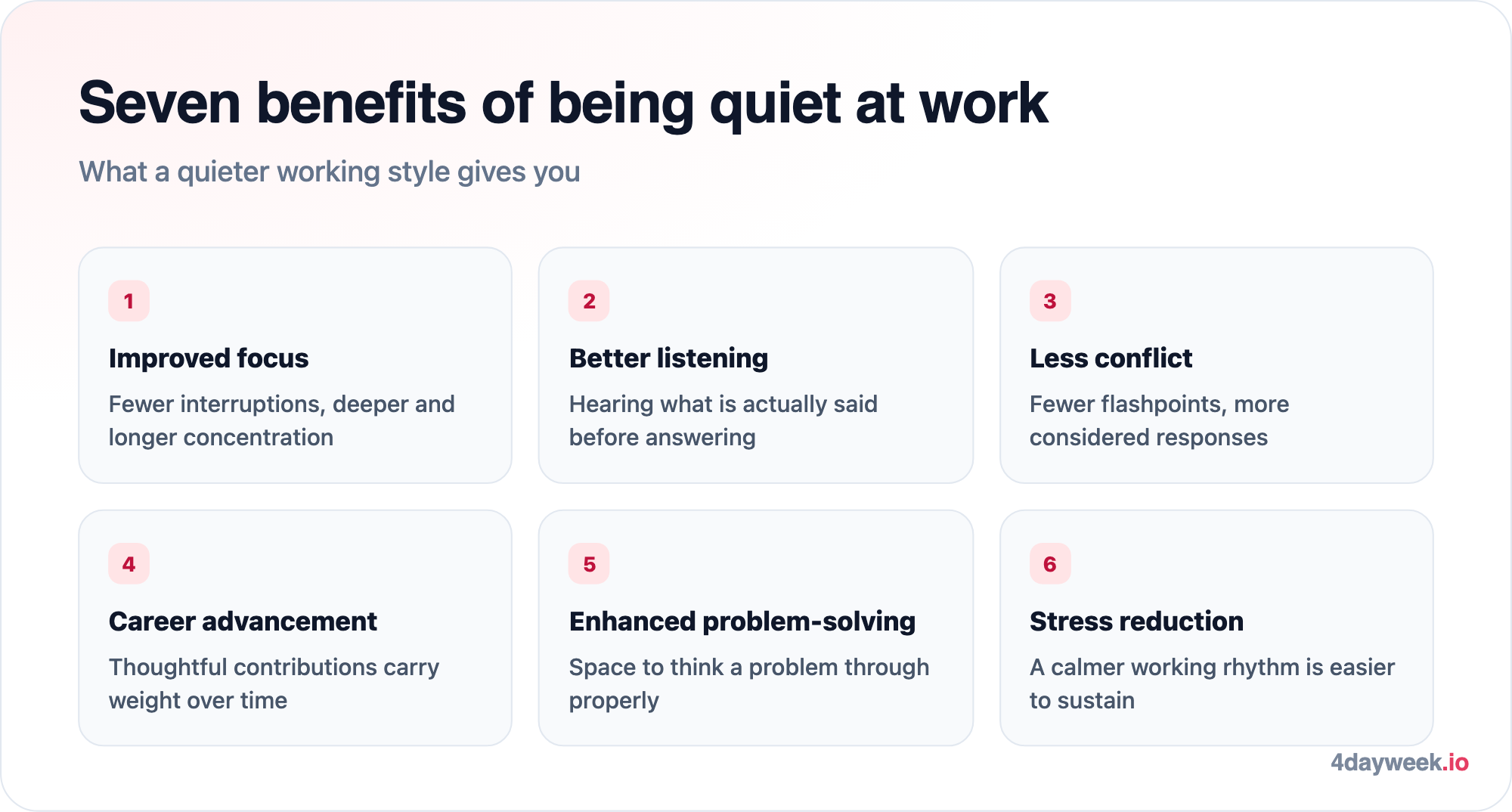 Seven benefits of being quiet at work: focus and productivity, listening skills, less conflict, career advancement, problem-solving, stress reduction and personal growth