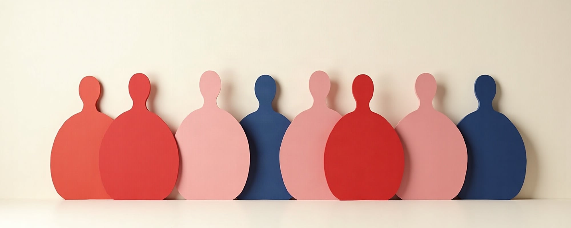 Abstract paper-cut illustration of eight rounded figure silhouettes standing shoulder to shoulder