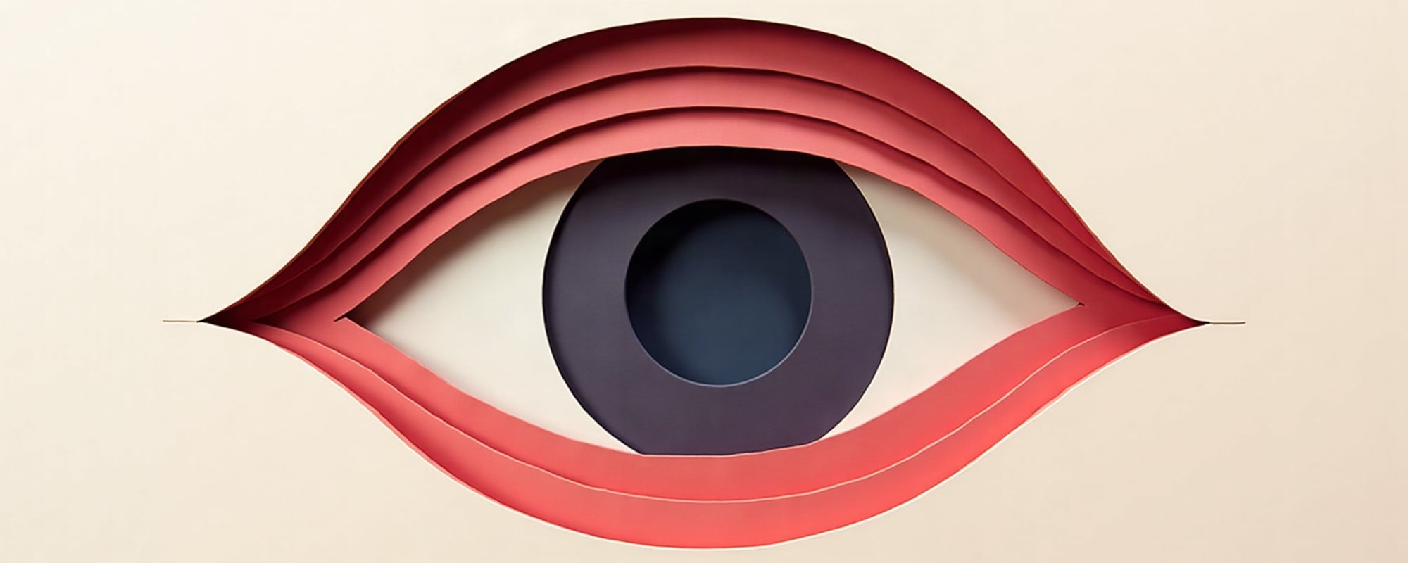 Abstract paper-cut illustration: a large rounded eye formed from concentric layered arcs