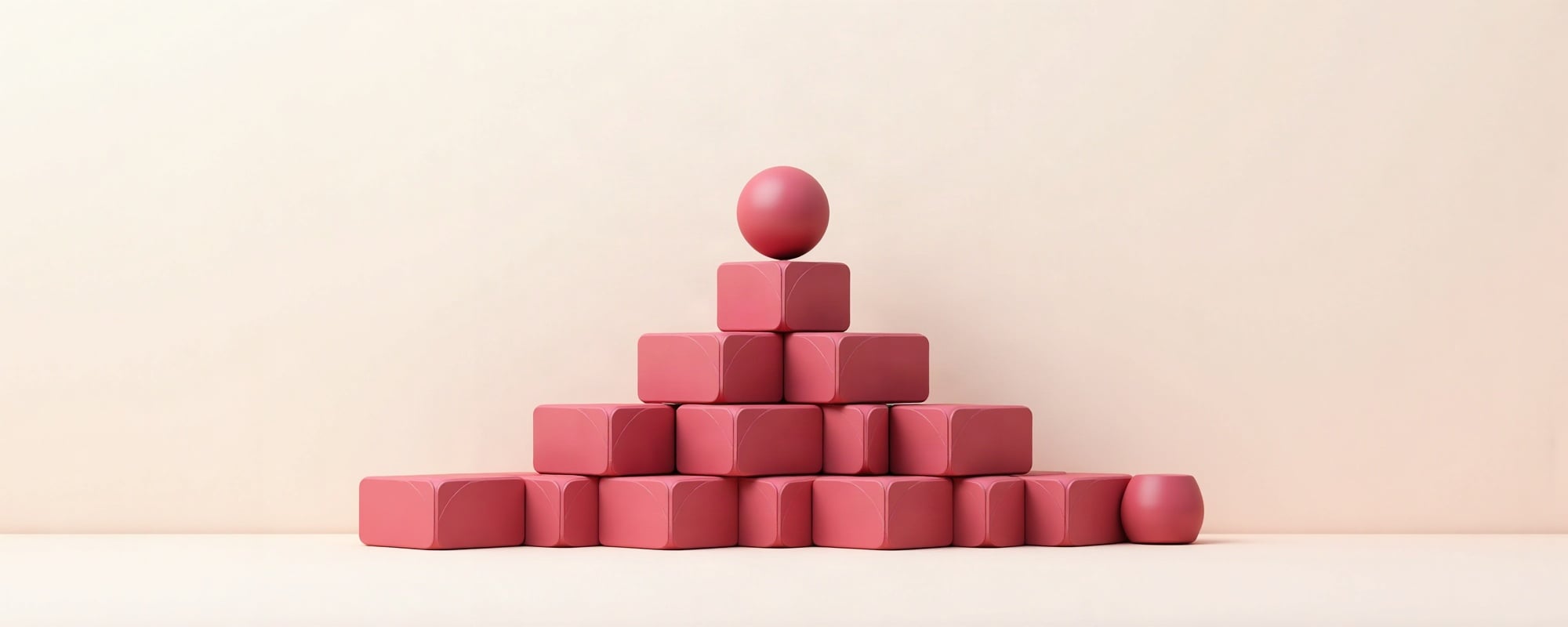 Abstract paper-cut illustration: a stepped pyramid of rounded blocks with a sphere resting on the summit